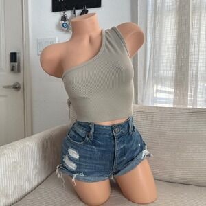 Reformation grey ribbed one shoulder crop top